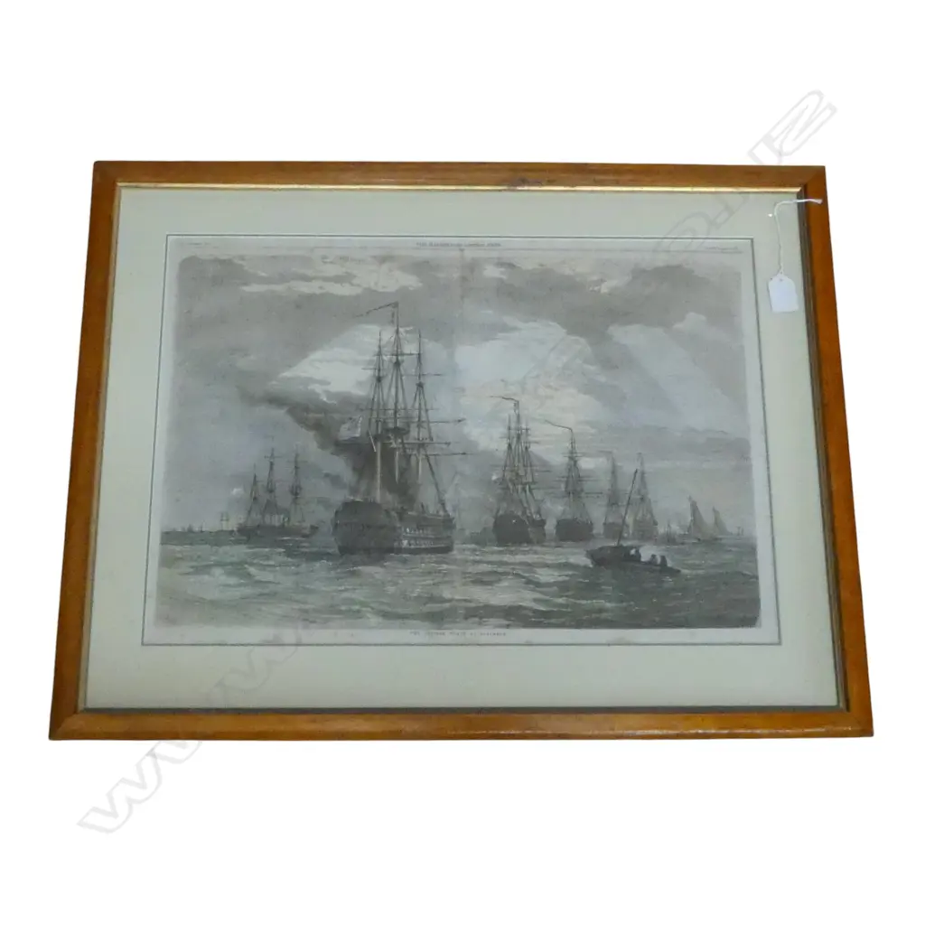 FRAMED HAND COLOURED PRINT FROM THE ILLUSTRATED LONDON NEWS 'The British Fleet at Spithead' 1858. 370 x 530mm Image 1++