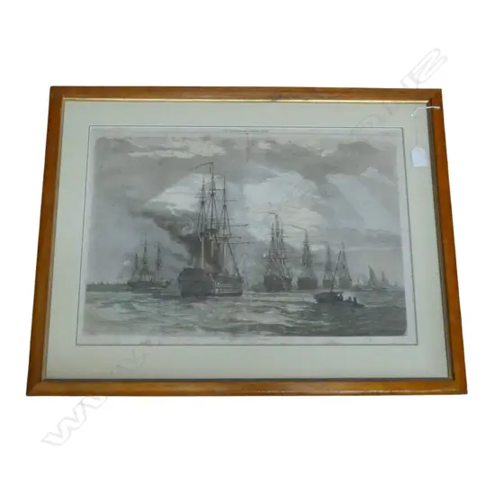 FRAMED HAND COLOURED PRINT FROM THE ILLUSTRATED LONDON NEWS 'The British Fleet at Spithead' 1858. 370 x 530mm