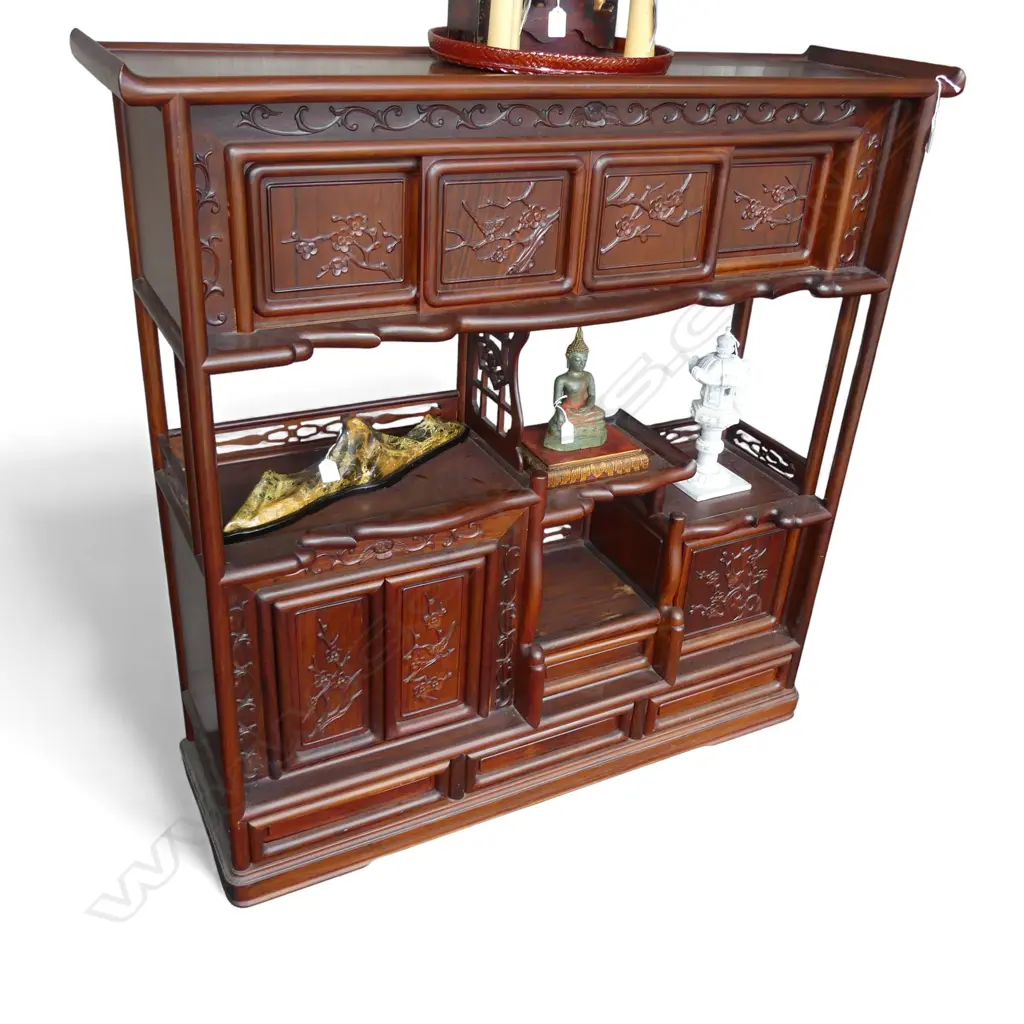 CHINESE SOLID HARDWOOD DISPLAY CABINET 7 carved doors & 4 drawers. H.122 W.1210mm Image 1++