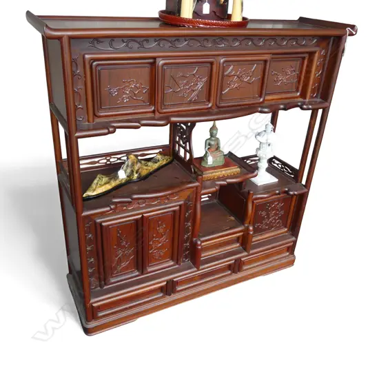 CHINESE SOLID HARDWOOD DISPLAY CABINET 7 carved doors & 4 drawers. H.122 W.1210mm