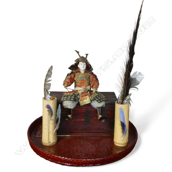 SAMURAI DOLL GLASS EYES W/ YOROI, YARI & KATANA ON A BOX H.313mm