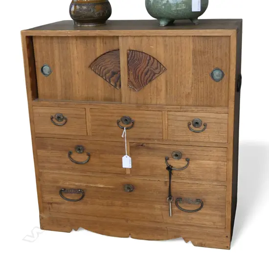 Vintage small Japanese collector's chest early 20thC pr doors w fans + 6 drawers H.580mm