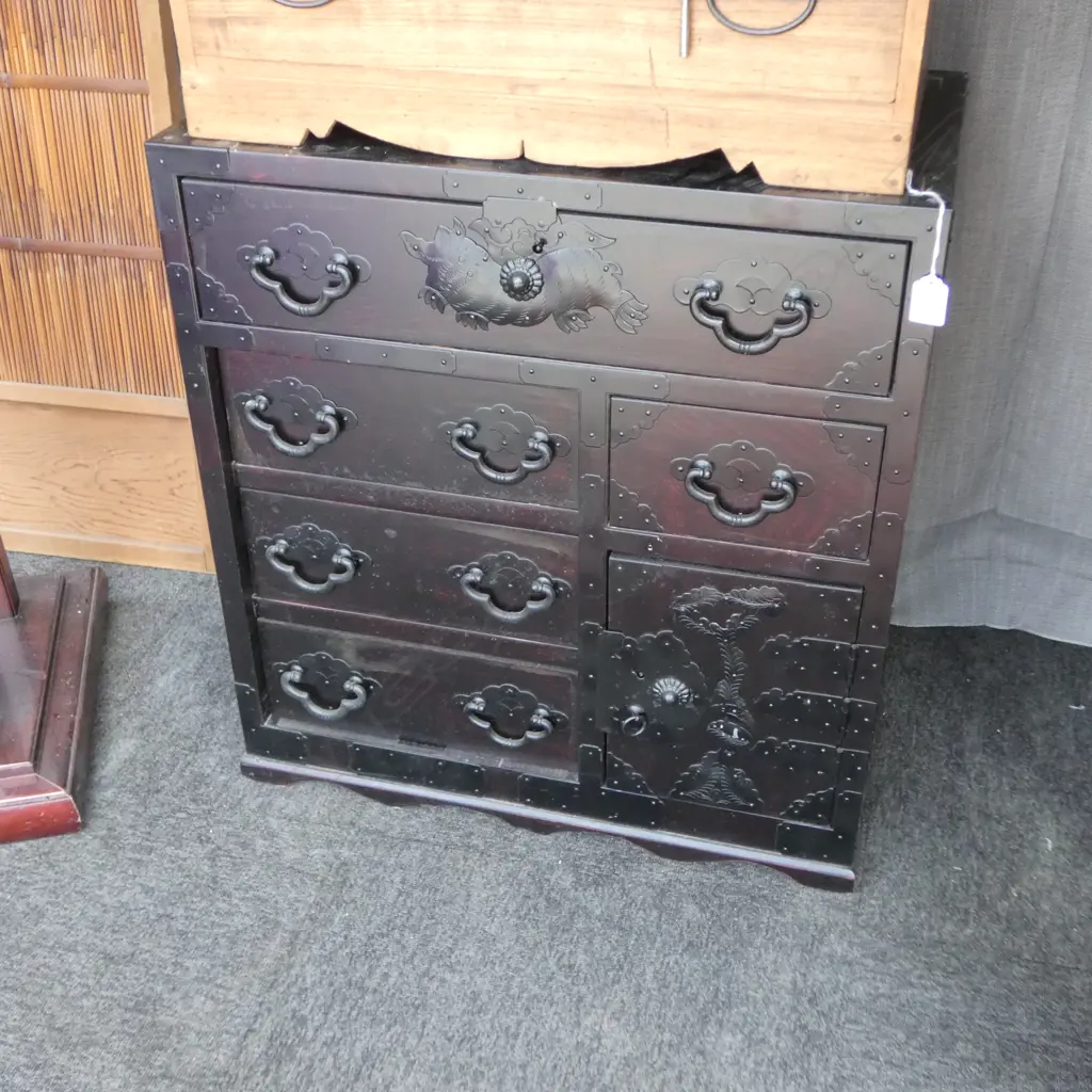 Vintage small Japanese collector's chest. Early 20thC Fancy metal fittings. H.670mm Image 1++