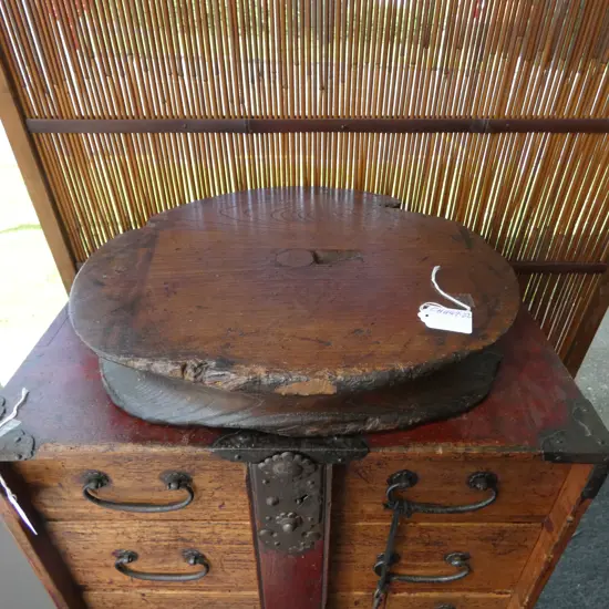 Old characterful nearly worn out KEYAKI WOOD WELL PULLEY W.335mm