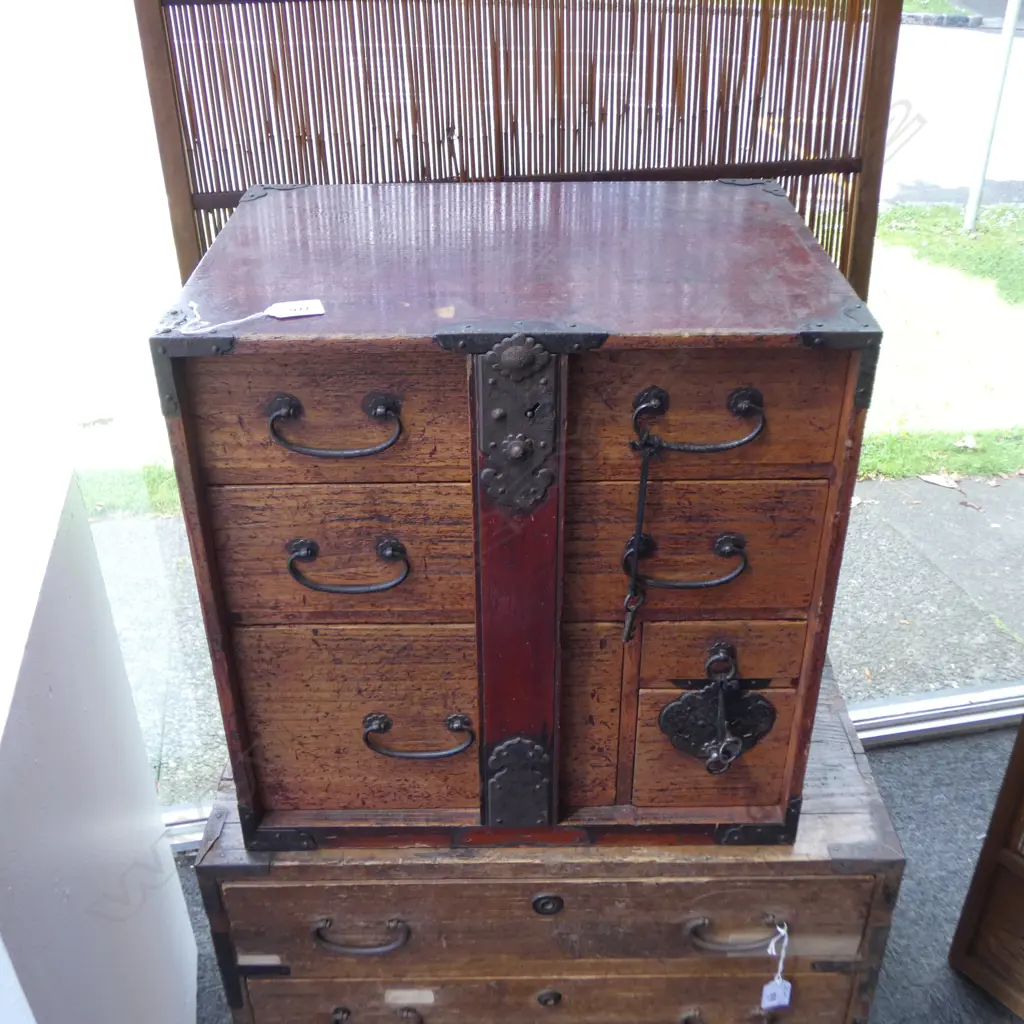 Vintage small Japanese collector's chest. Red lacquer/stained finish with locking bar & keys. H.450mm Image 1++