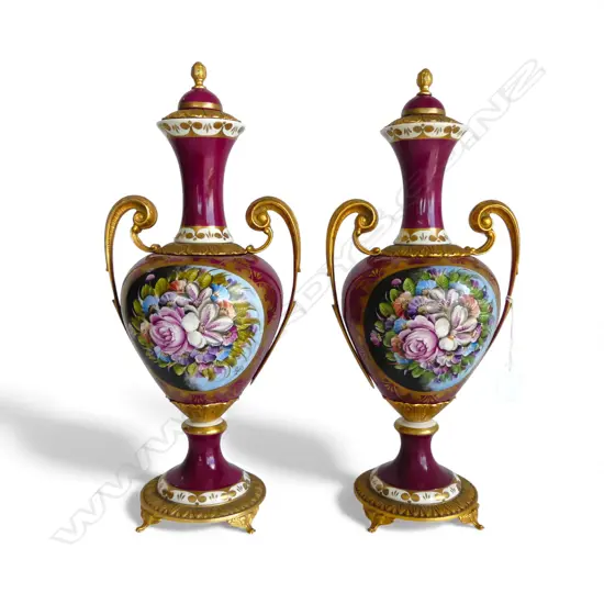 PR URNS, HAND PAINTED FLORAL DECORTION, SIGNED H.445mm