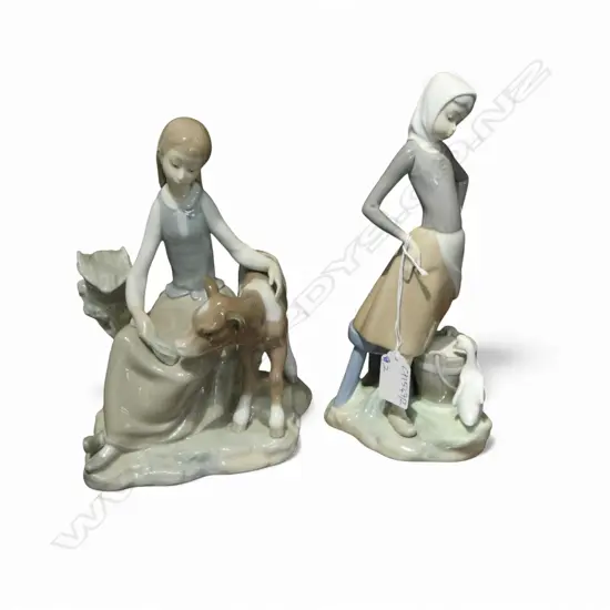 2 LLADRO FIGURINES; GIRL w. CALF & GIRL w. GOOSE H.230mm