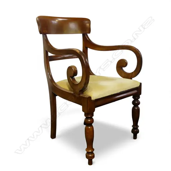 ANTIQUE MAHOGANY SCROLL ARM ARMCHAIR
