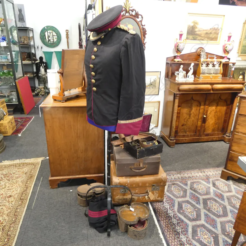 WWI DRESS MILITARY UNIFORM (ROYAL ARMY MEDICAL CORPS) JACKET/TROUSERS, 3 PRS EPAULETTES, CAP, ASST. BELTS  & 2 SUIT CASE Image 1++