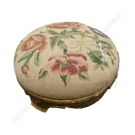 NEEDLEWORK FOOTSTOOL 280mm dia w. HARRODS STICKER VERSO