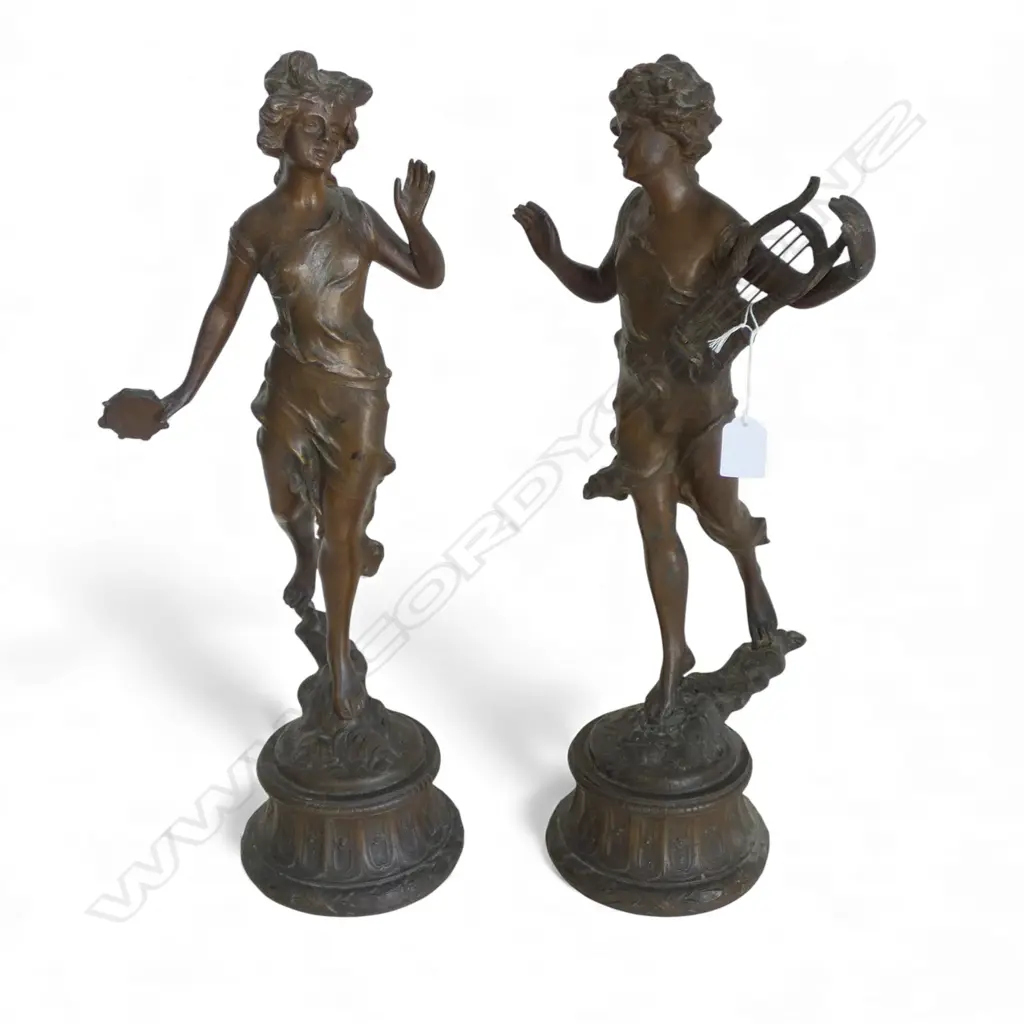 PR BRONZED SPELTER FIGURES tambourine and lute dancers H.530mm Image 1++