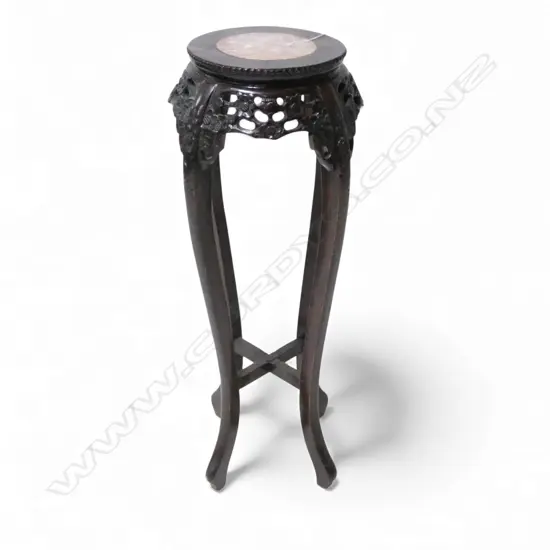 JAPANESE CARVED WOOD & MARBLE PLANT STAND H900MM