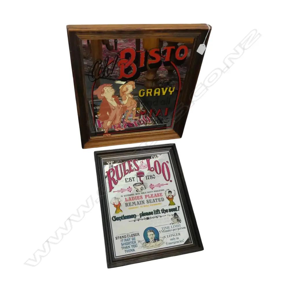 2 NOVELTY MIRRORS; RULES OF THE LOO 460x360mm & AH BISTO 505x460mm Image 1++
