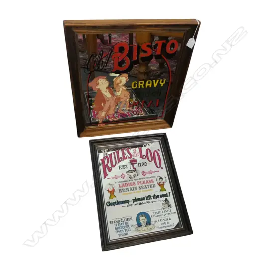2 NOVELTY MIRRORS; RULES OF THE LOO 460x360mm & AH BISTO 505x460mm