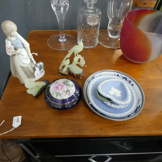 9 PCES; NAO GIRL H.225mm, 2 CHRYSOPRASE BIRDS, 4 WEDGWOOD DISHES, HONG KONG B/W BOWL 200mm dia