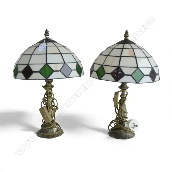PAIR MODERN LEADLIGHT LAMPS gilt metal bases. H.390mm
