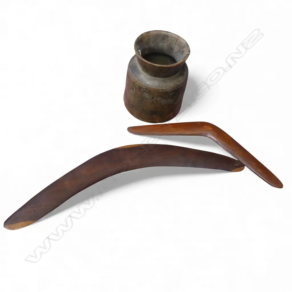 ANTIQUE WOODEN NEPALESE HIMACHAL HANDMADE WATER POT H180MM  & 2 VINTAGE BOOMERANGS Image 1++