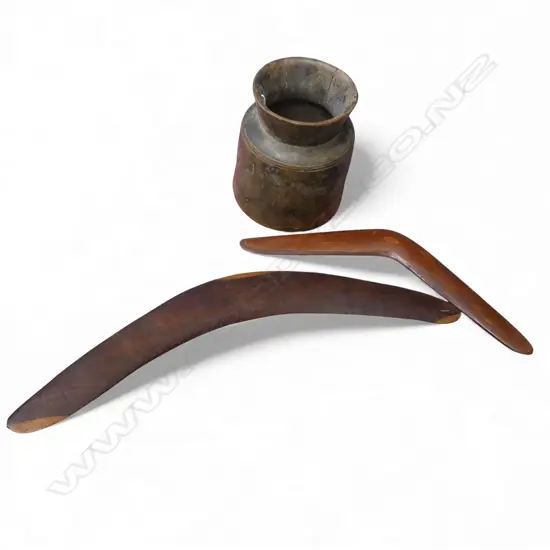 ANTIQUE WOODEN NEPALESE HIMACHAL HANDMADE WATER POT H180MM  & 2 VINTAGE BOOMERANGS