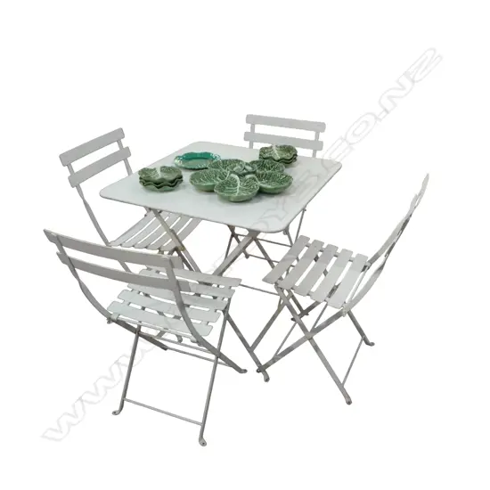 5 PCE FERMOB WHITE METAL PATIO SET; 4 CHAIRS + TABLE 715x715mm - MADE IN FRANCE