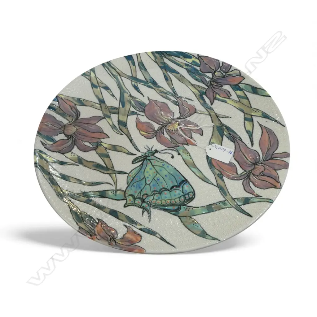 KEUM SUN LEE DISH w IRIS & BUTTERFLIES, Dia.350mm Image 1++