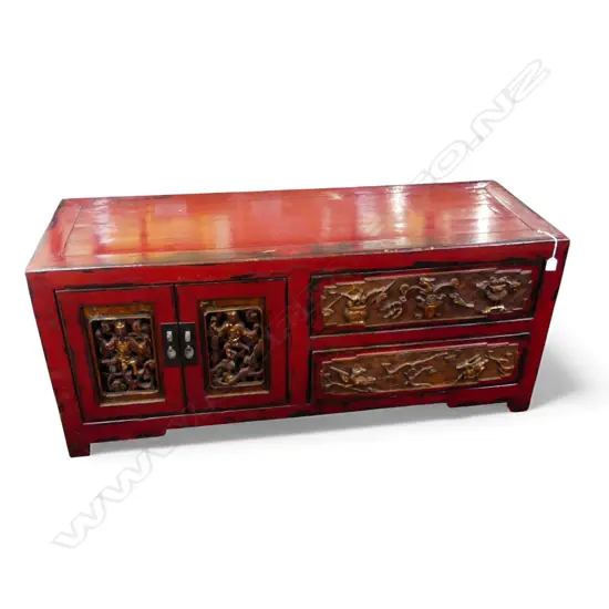 CHINESE LOW CABINET with carved panels and drawers 1320x3460x570mm