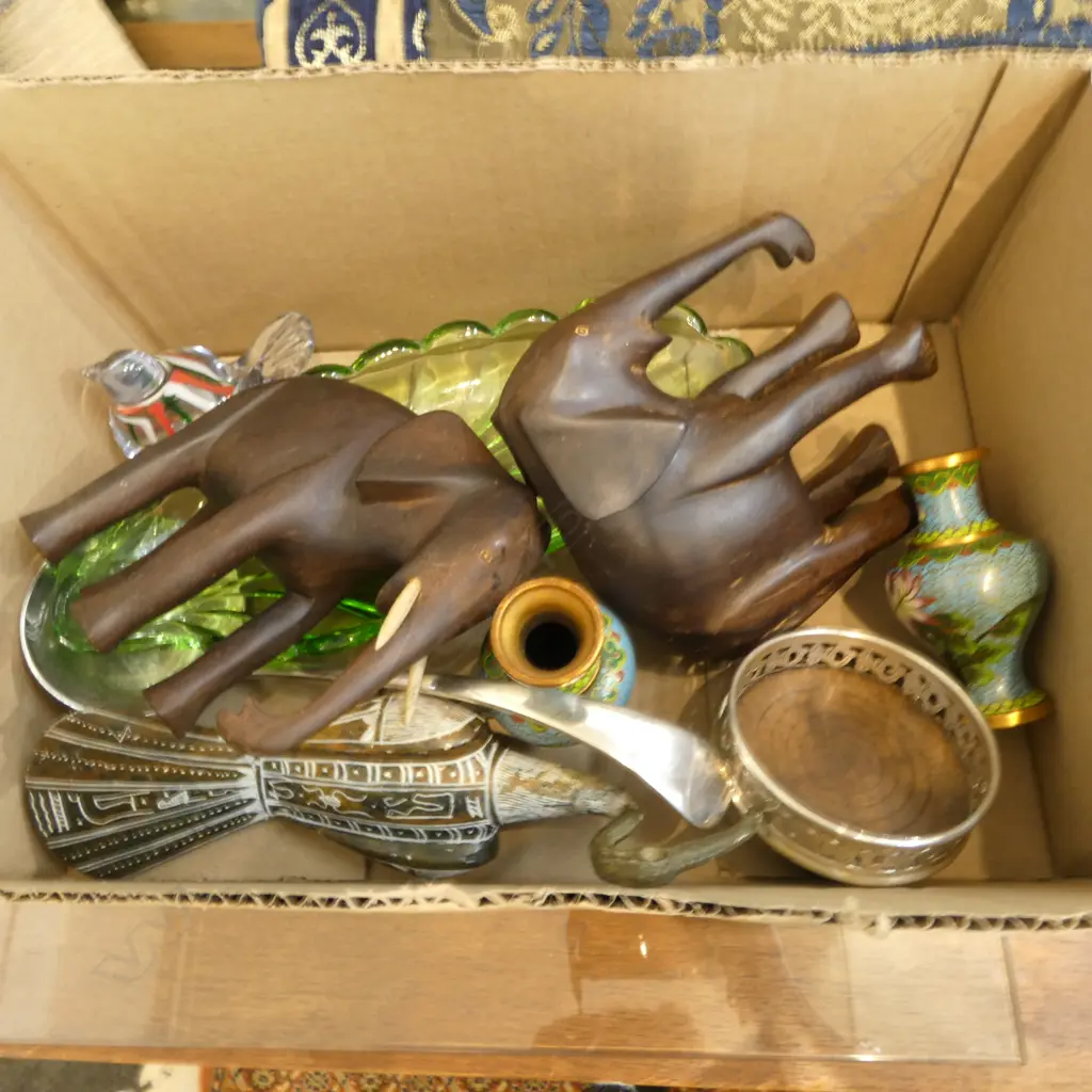 2 WOODEN ELEPHANTS, 2 CLOISONNE VASES, EP LADLE ETC Image 1++