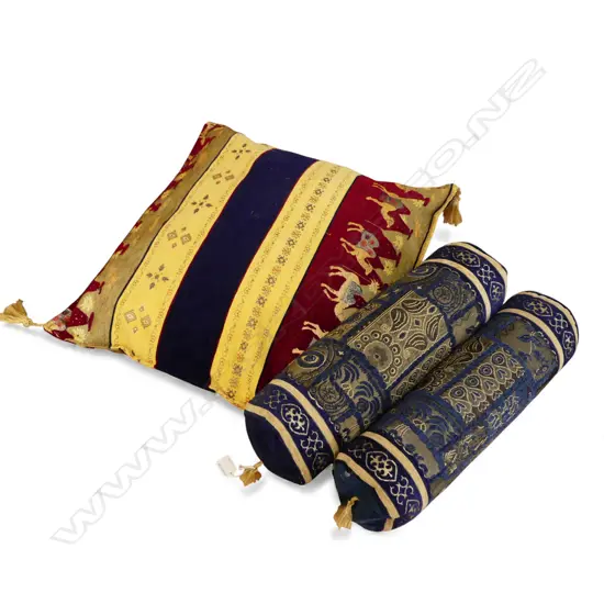 EGYPTION STYLE CUSHION L640MM & 2 BLUE BROCADE BOLSTER CUSHIONS L500MM