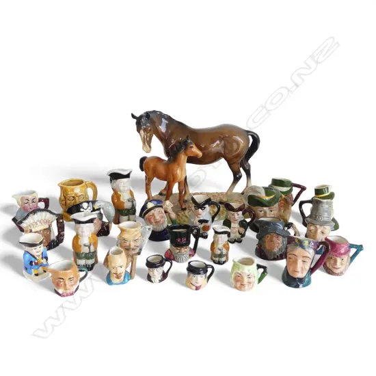 ASST. CHARACTER JUGS Incl. ROYAL DOULTON etc + BESWICK HORSE AND FOAL FIGURE GROUP af