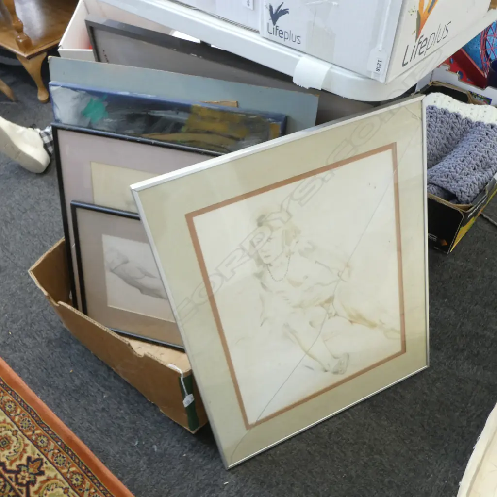 ASST. ARTWORKS INCL. TERRY STRINGER (b.1946), MALE NUDE, WC, SIGNED 490x395mm, glass broken Image 1++