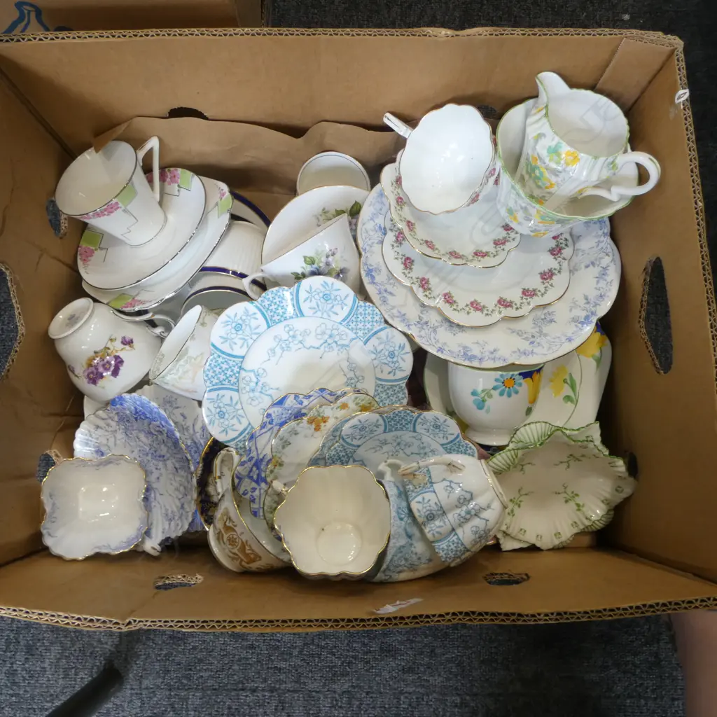 BOX OF MIXED CHINA TEACUPS PLATES ETC Image 1++