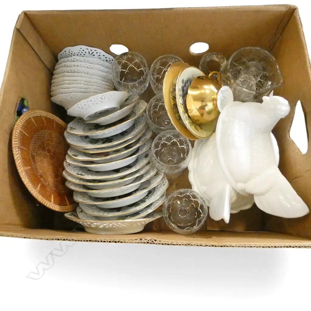 GERMAN SCHMANN ARZBERG PLATES, AYNSLEY GOLD TRIO, PR MILK GLASS CHICKENS, CRYSTAL, ETC Image 1++