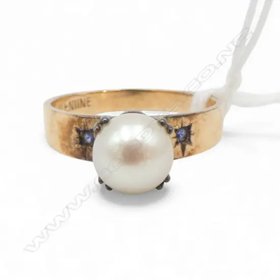 VINTAGE 9ct GOLD & CULTURED PEARL & SAPPHIRE 'My Valentine' RING 3.43gms SIZE P