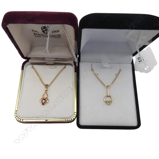 2 9ct PENDANTS, PERIDOT & GARNET on CHAINS (not gold)