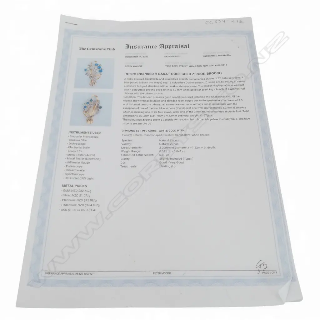 9CT GOLD BLUE AND WHITE ZIRCON BROOCH (one stone absent) with valuation Image 1++