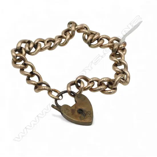 9ct GOLD curb link BRACELET LINKS WORN gold weight 8.5gms. + plated heart padlock clasp
