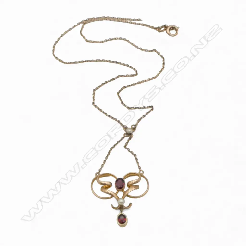 9ct  GOLD EDWARDIAN GARNET & SEED PEARL PENDANT NECKLACE 6gms Image 1++