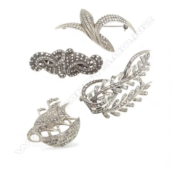 4 VINTAGE MARCASITE BROOCHES:  3 silver