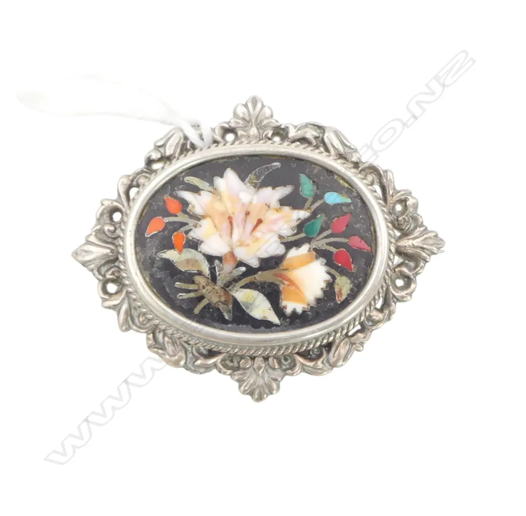 Vintage silver & floral micro mosaic brooch Image 1++