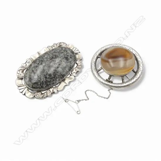 2 vintage Scottish silver & gem set brooches: agate & fine marble ?
