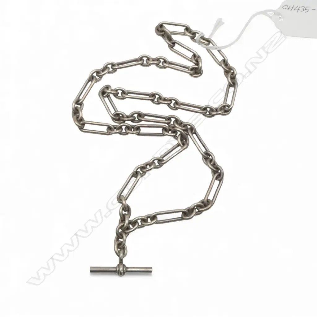 SILVER ALBERT CHAIN w T BAR, 68.15gm Image 1++