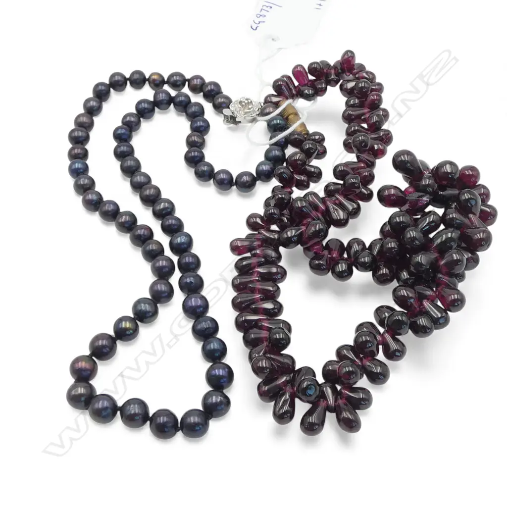 GARNET BEAD NECKLACE & FRESH WATER BLACK PEARL NECKLACE Image 1++