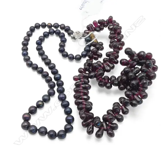 GARNET BEAD NECKLACE & FRESH WATER BLACK PEARL NECKLACE