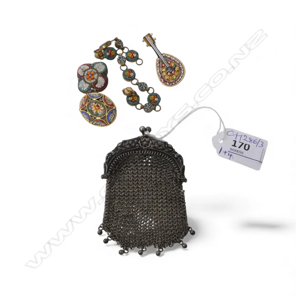 SILVER COIN PURSE H.90mm 27gms + 4 PCES MICRO MOSAIC JEWELLERY Image 1++