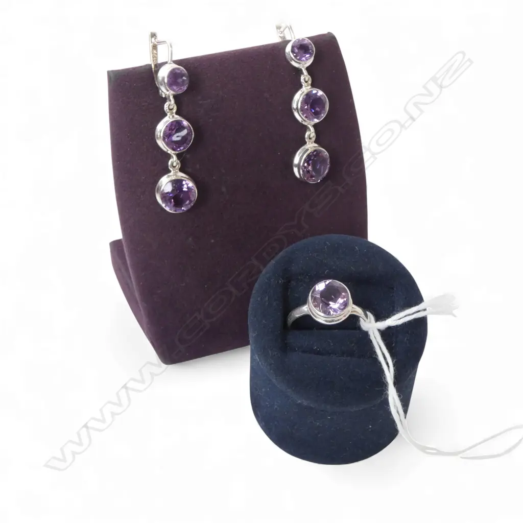SILVER & AMETHYST SET; PR EARRINGS & RING Image 1++