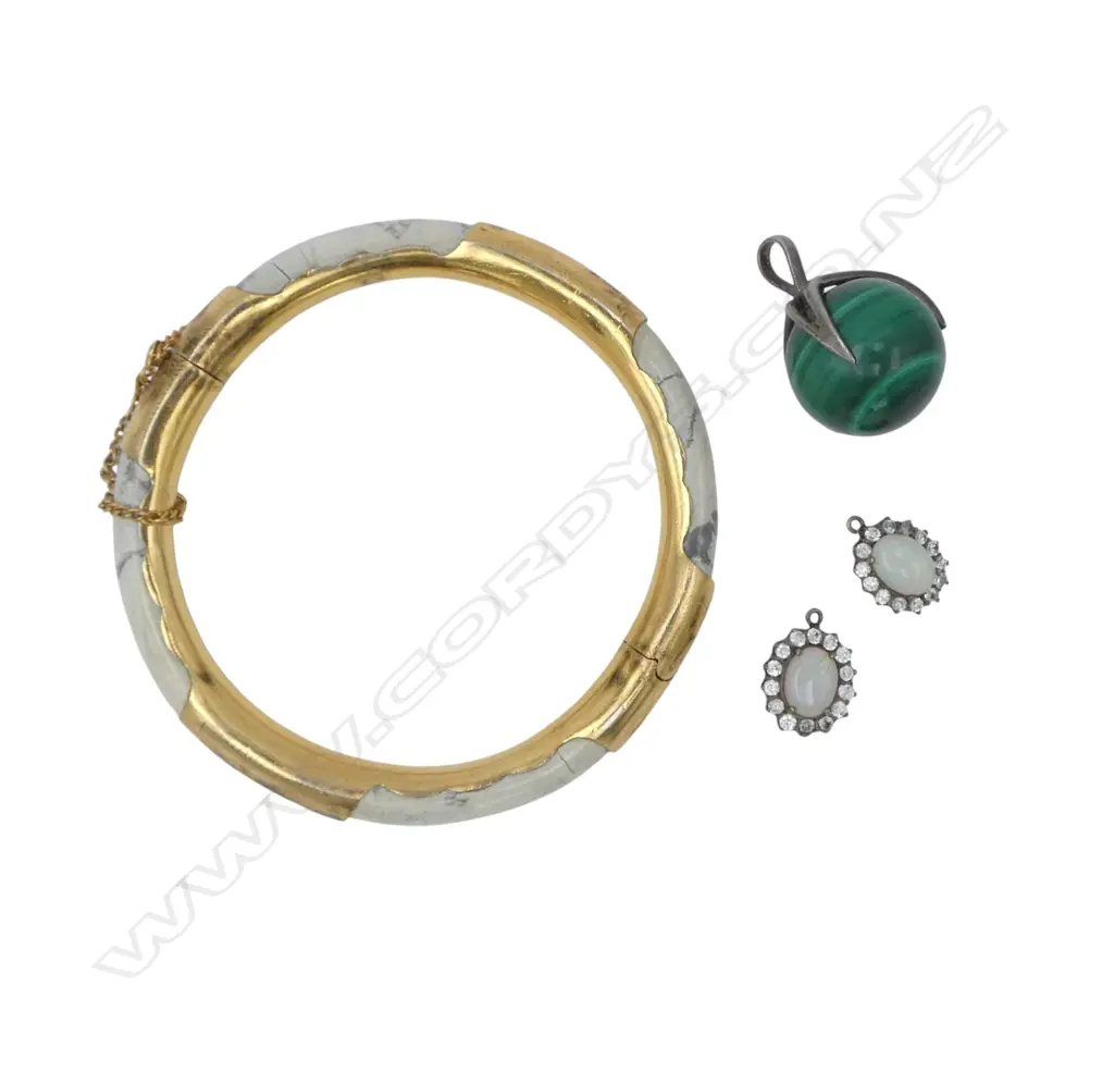 Pr of opal cabochon earrings ( No hooks) + bangle w faults + malachite ord pendant Image 1++