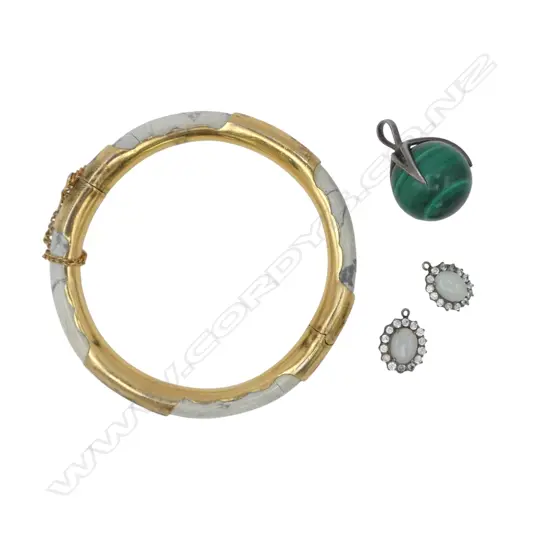 Pr of opal cabochon earrings ( No hooks) + bangle w faults + malachite ord pendant