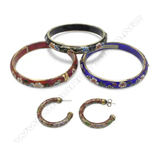 THREE CLOISONNE BANGLES AND A PAIR OF EARRINGS (bought in Hong Kong)