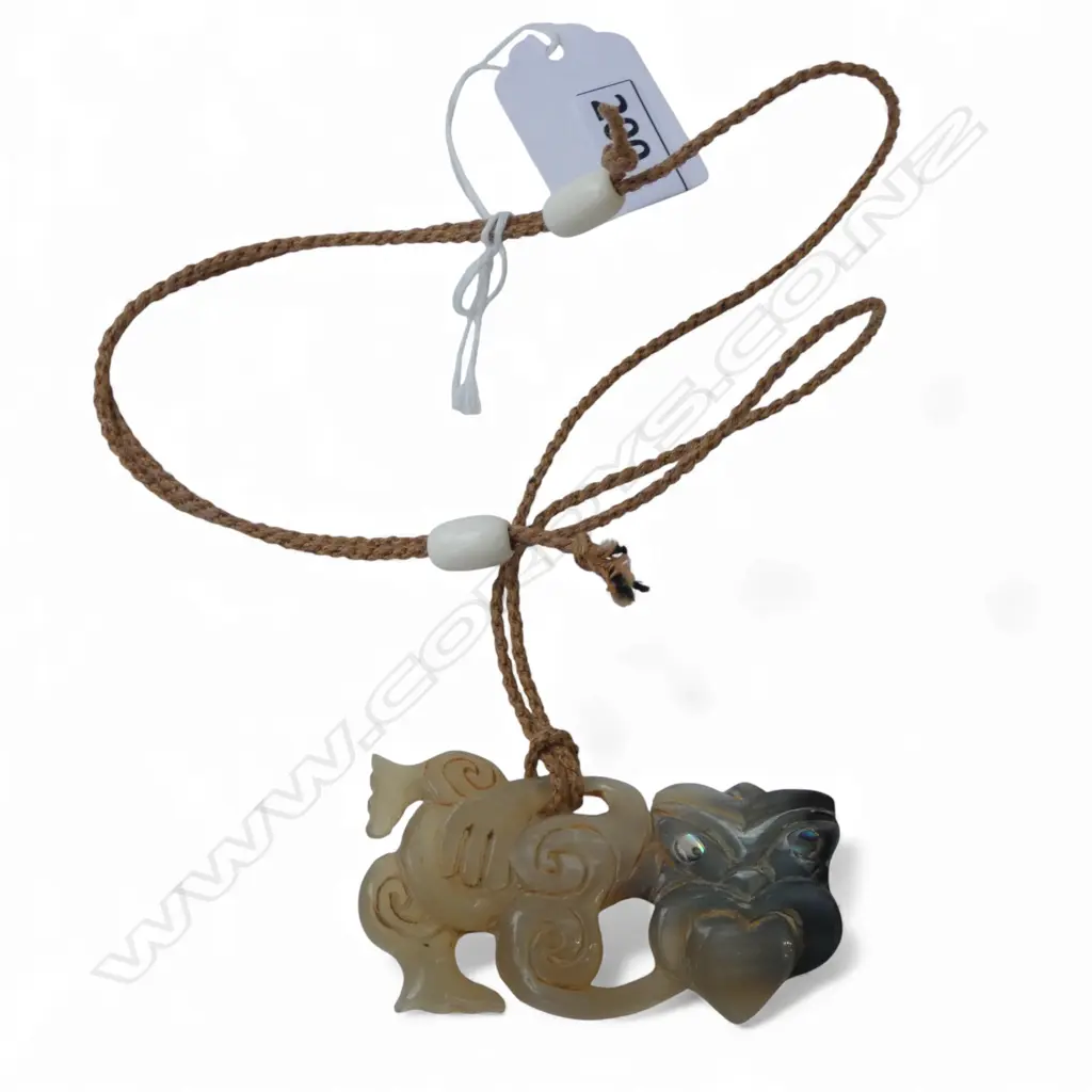 CARVED HORN HEI TIKI w paua shell eyes on cord w bone fastenings Image 1++