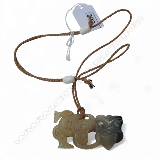 CARVED HORN HEI TIKI w paua shell eyes on cord w bone fastenings