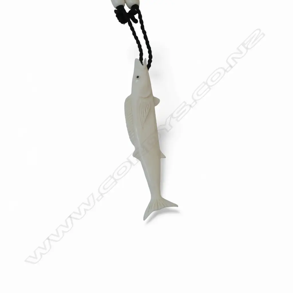 CARVED BONE FISH PENDANT on cord w bone fastening Image 1++